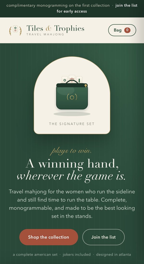 The home page of the brand site she got back, with a logo, product illustration, headline and waitlist button