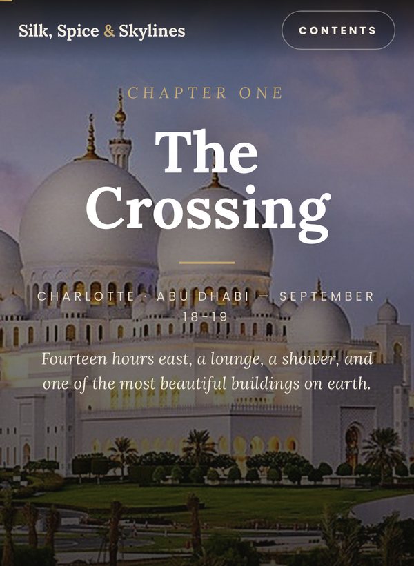 The first chapter of his live trip site, a full screen photo of the Sheikh Zayed Grand Mosque with the chapter title