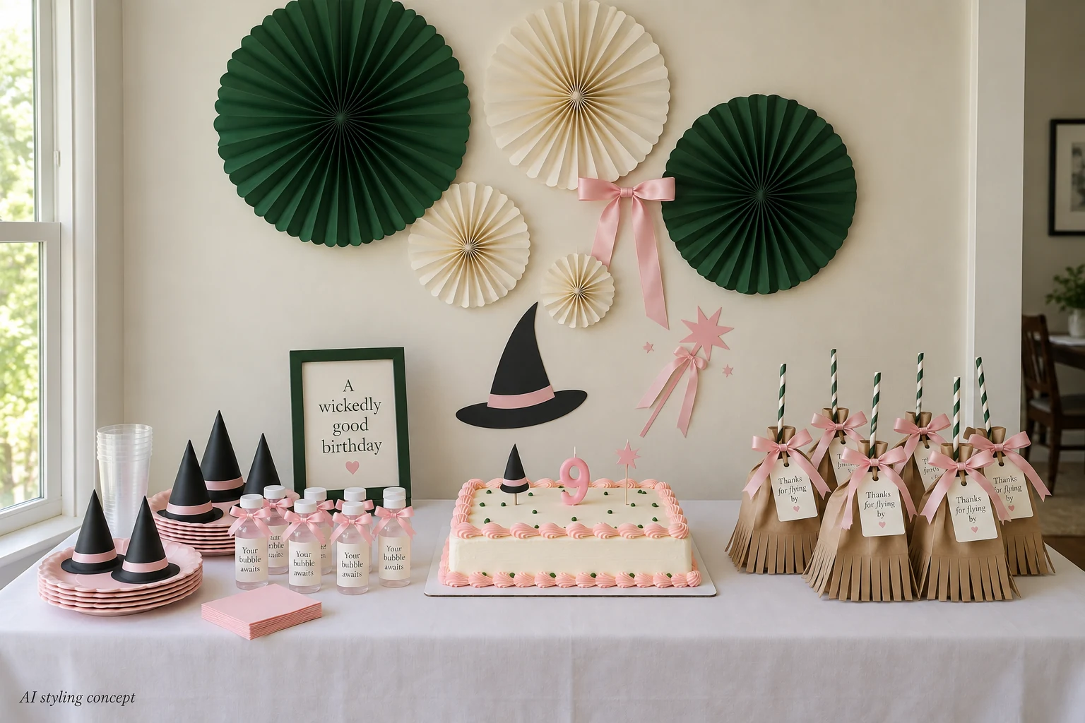 Wicked-inspired styling concept with little witch hats, pink bubble bottles and broomstick favor bags